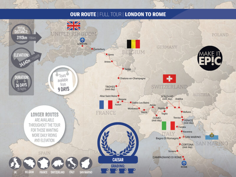 Map showing the route of the Caesar tour across Europe from London to San Marino