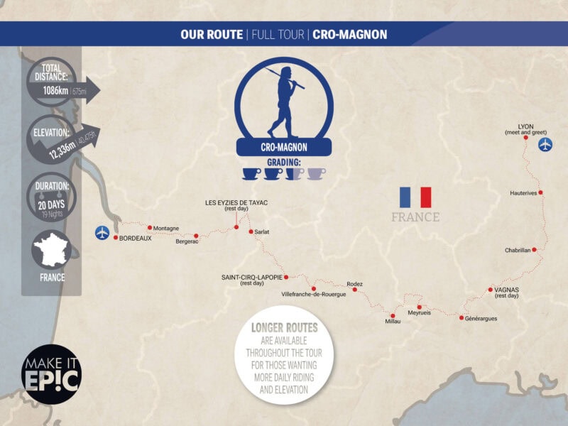 Map of the cycle route across France from Lyon to Bordeaux
