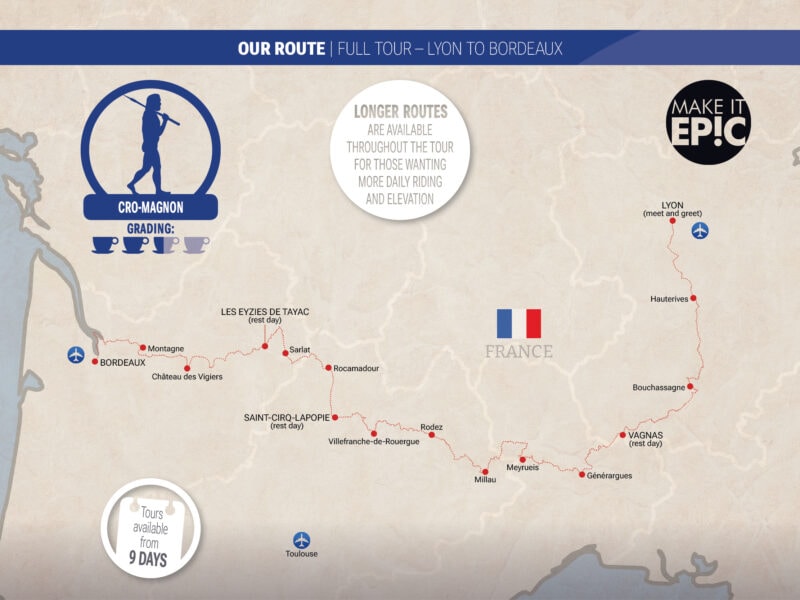 Map of the cycle route across France from Lyon to Bordeaux
