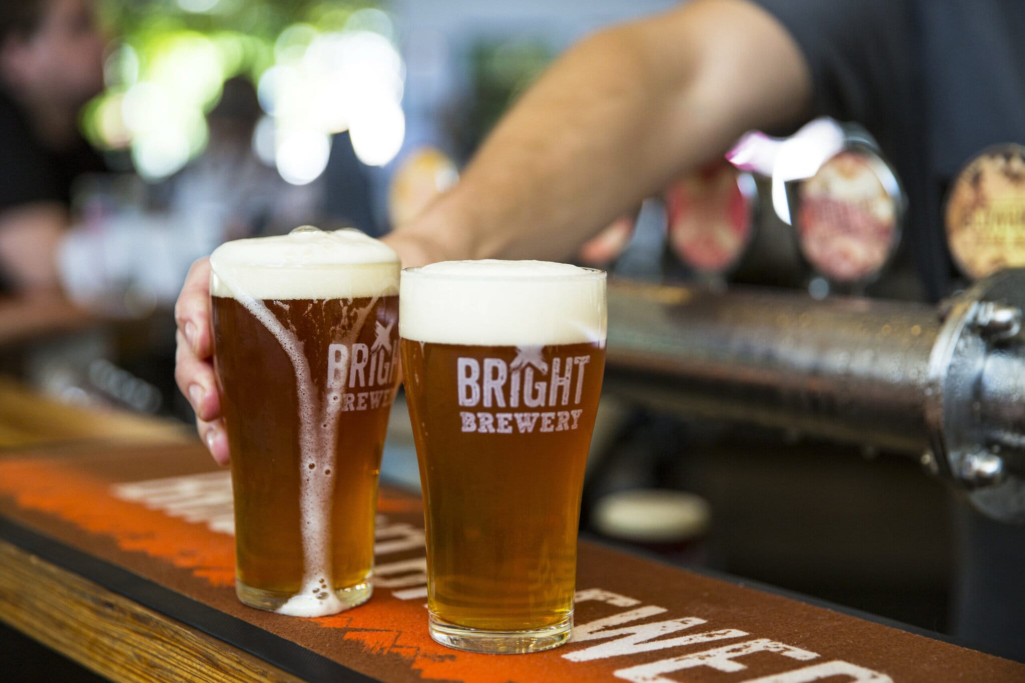 Two freshly poured beers sit on the bar in Bright Brewery beer glasses.