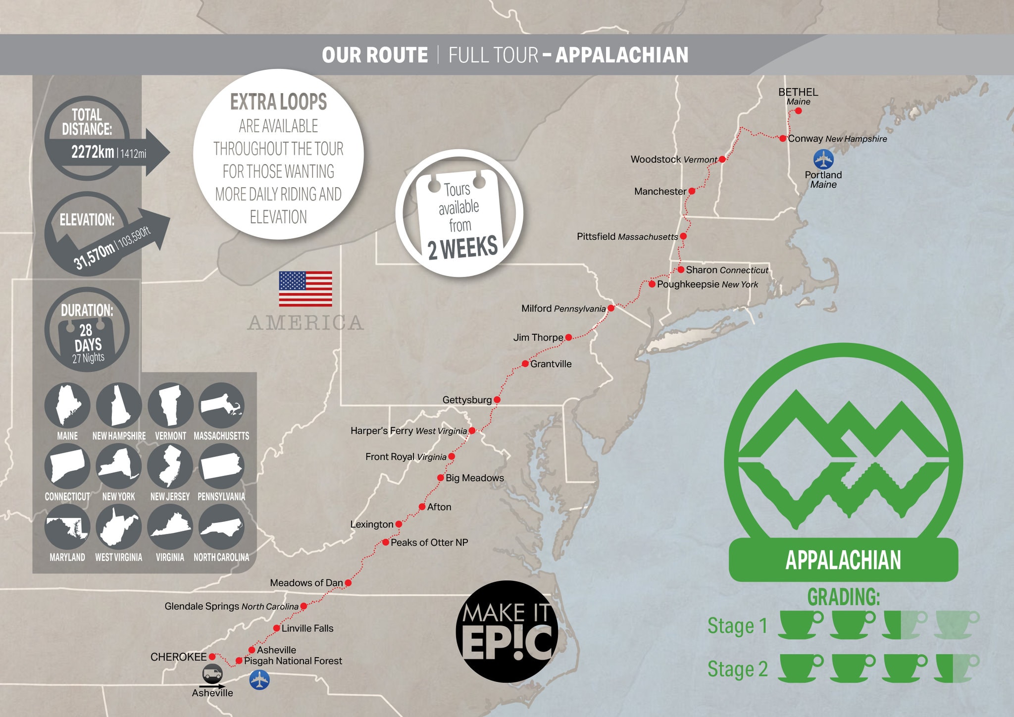 A route map in North East USA, Appalachian Tour.