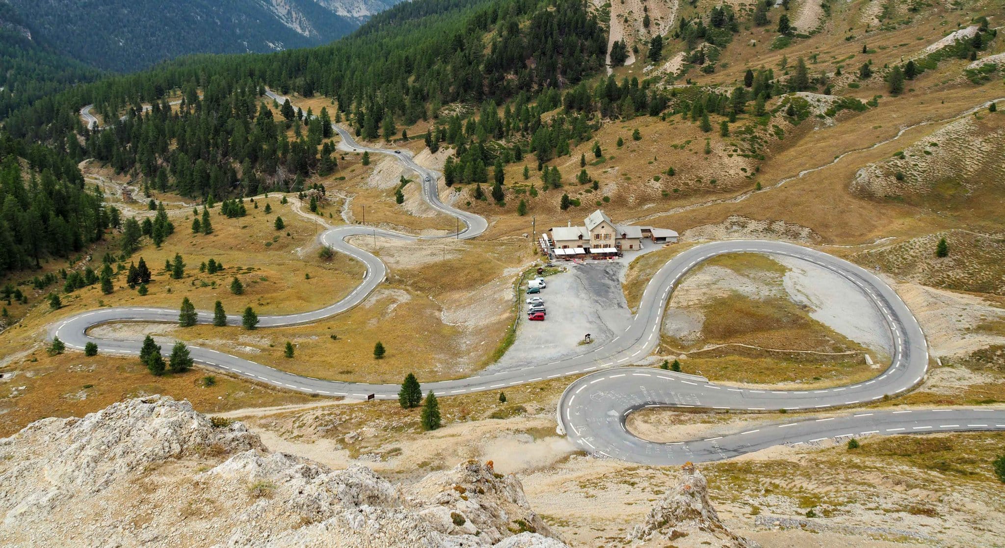 In the Alps, looking down the switchbacks doen the mountain road