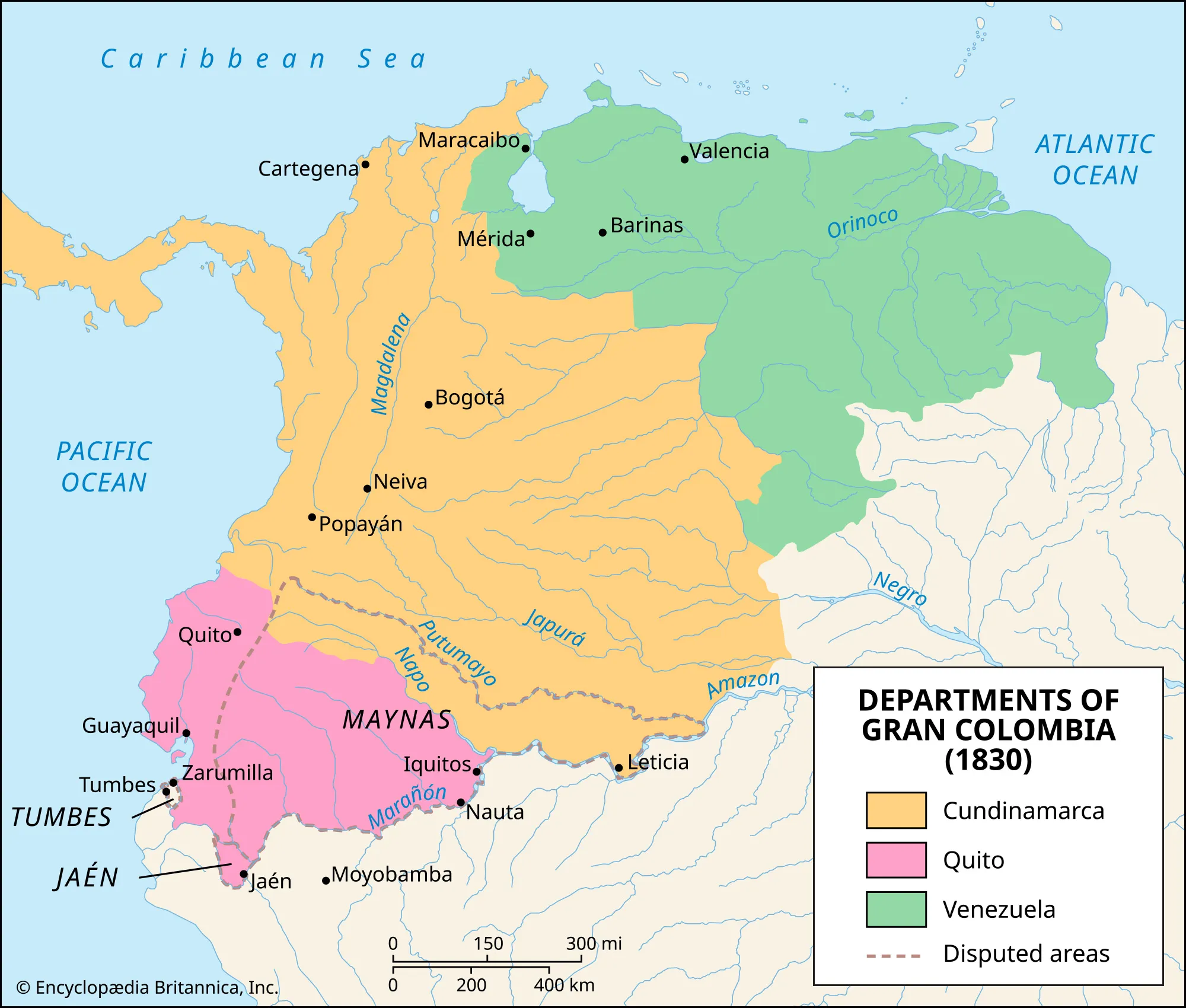 A map with the three Departments of Gran Columbia shaded in green, yellow and pink dated 1830.