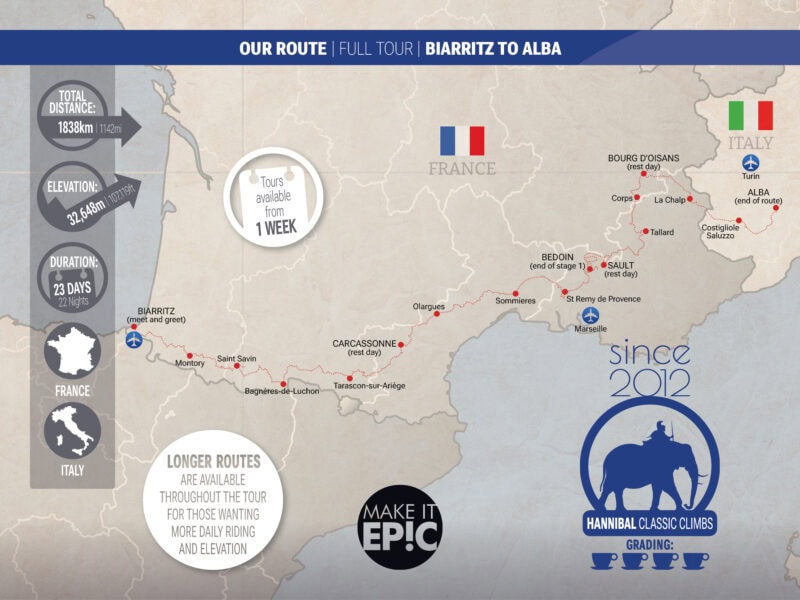 Map of the route of the Hannibal Tour from Biarritz to Alba