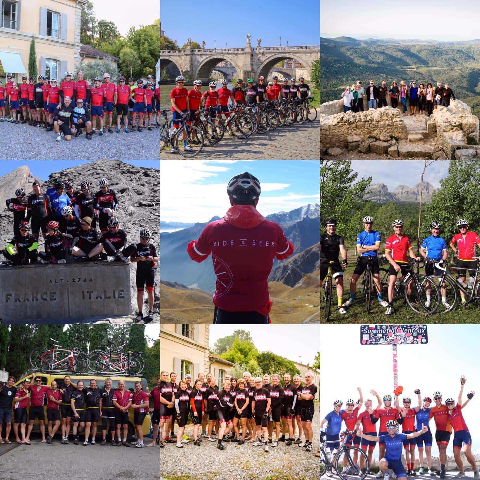 A photo collage showing guests in Ride and Seek kit. Each photo shows a group on Ride and Seek cycling tours.