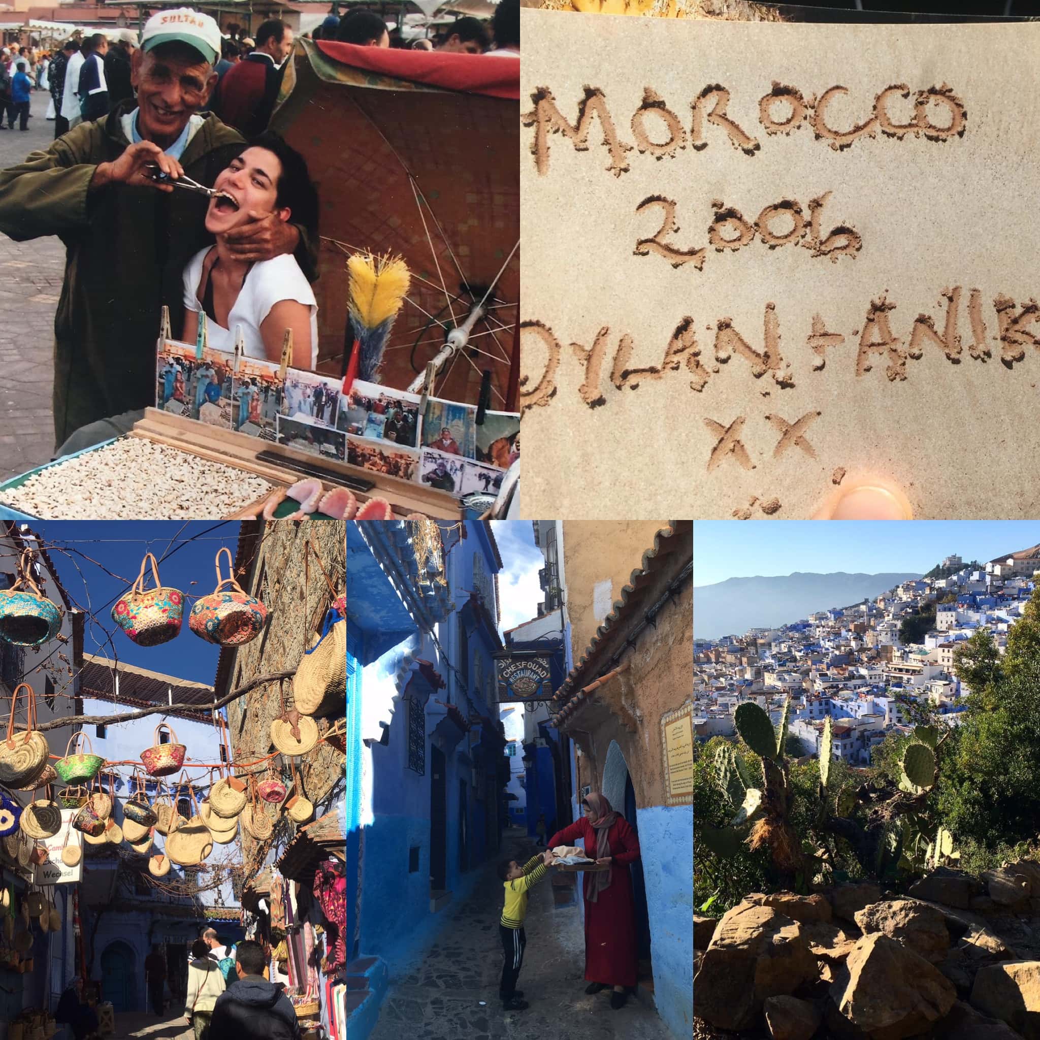 Photo collage of 5 holiday snaps taken while Morocco hitchhiking.
