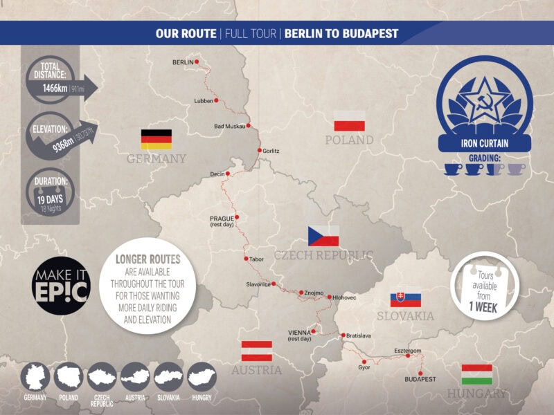 Map of Iron Curtain Tour route from Berlin to Budapest