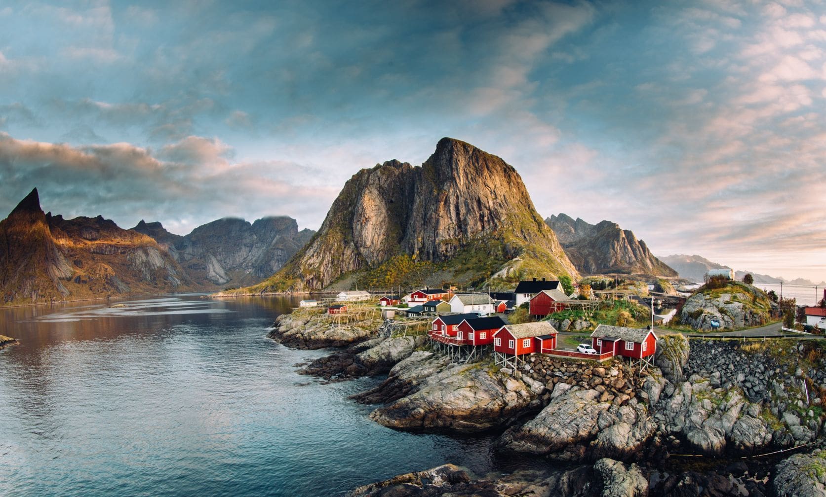 Reine, Northern Norway. Fishermen's huts are surrounded by fjords and towering mountains.