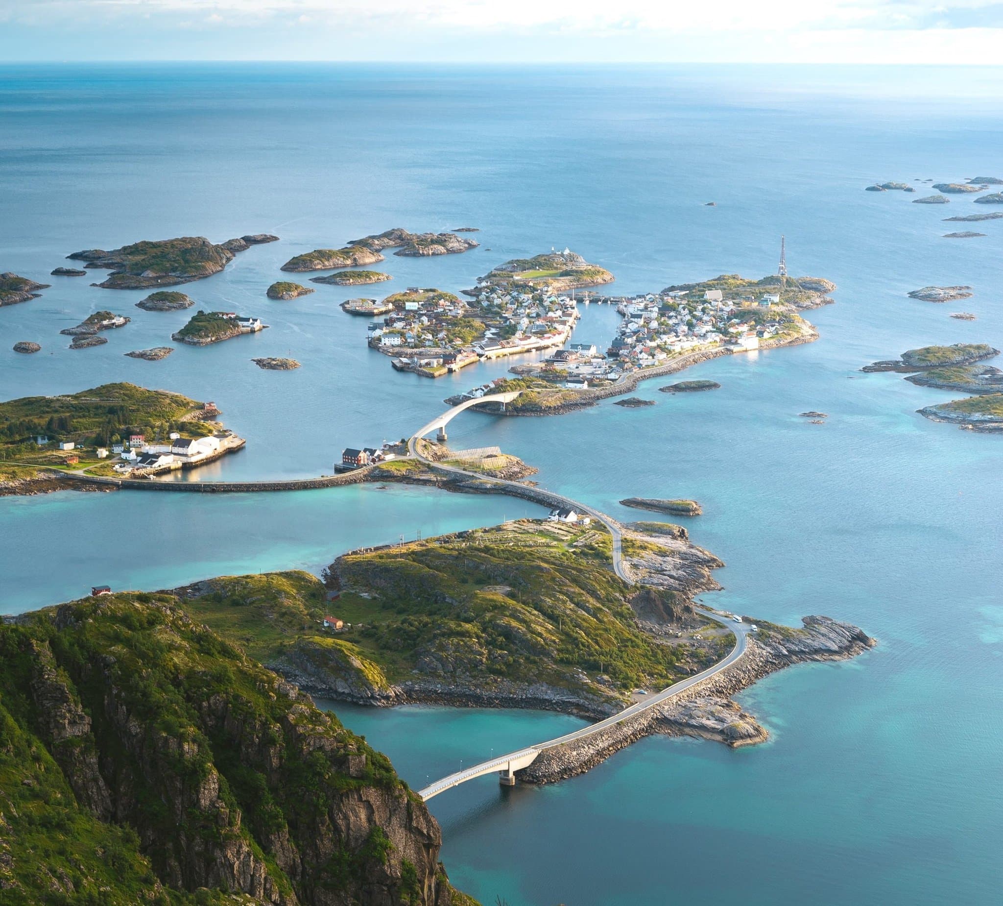 A group of Islands with four linking bridges. Some of the Islands are inhabited.