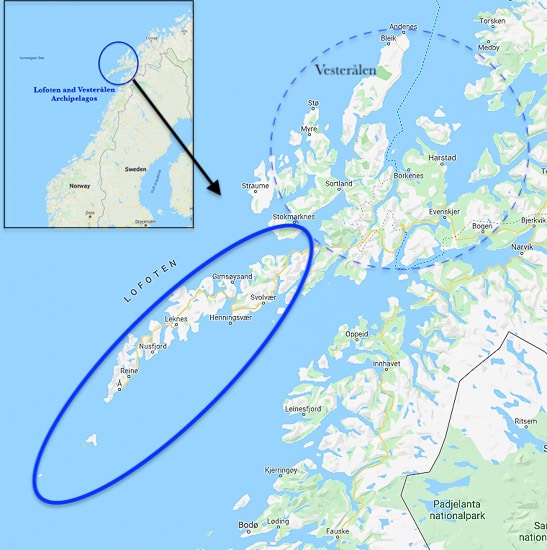 Map with a group of Islands circled in blue. Inlay shows the region is on the north west coast of Norway.