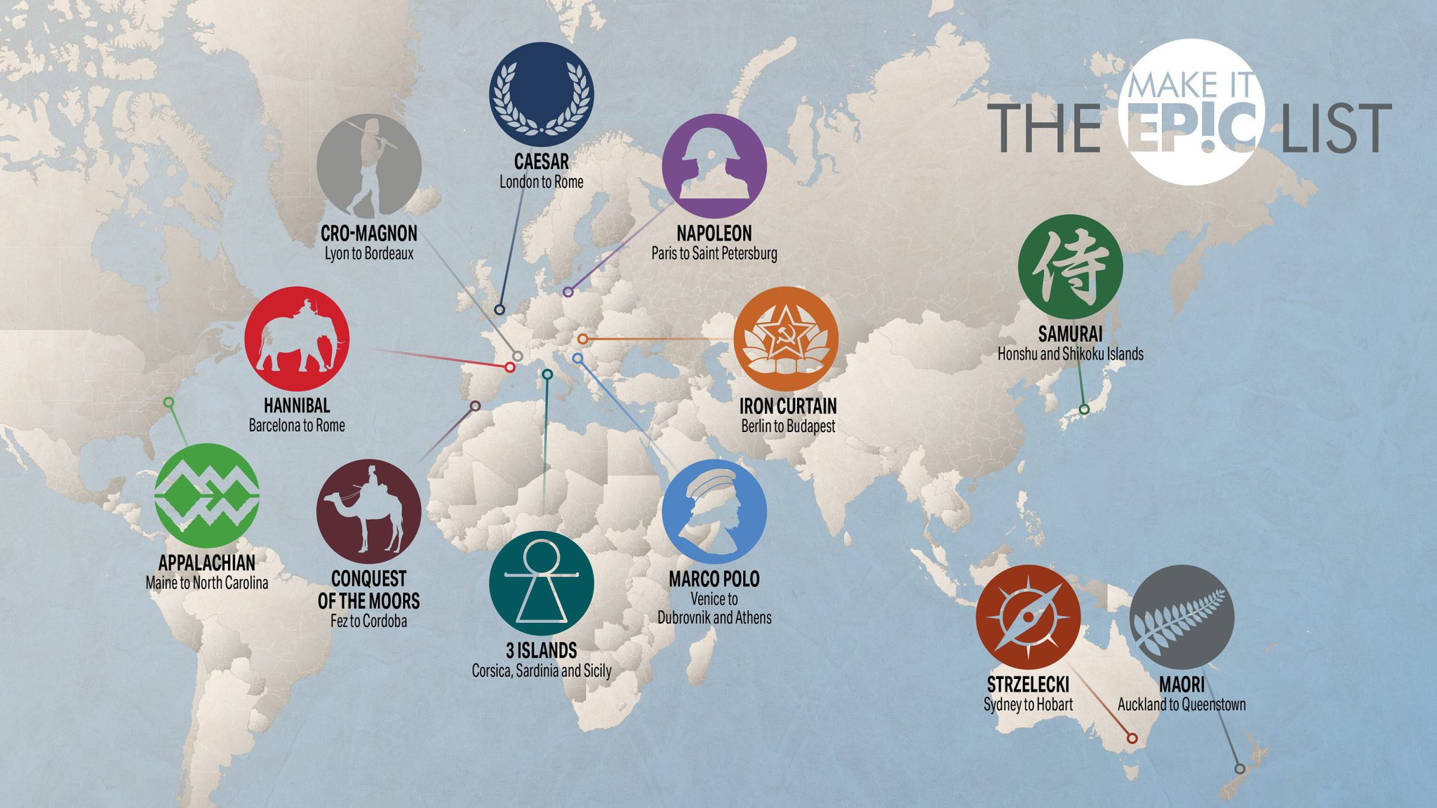 A map of the world overlaid with round icons with lines between the icons and the locations of the cycling tours each icon represents.