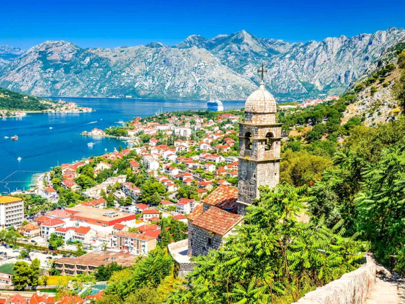 View from the top of the hill overlooking the seaside town of Kotor and the Adriatic Sea in the background