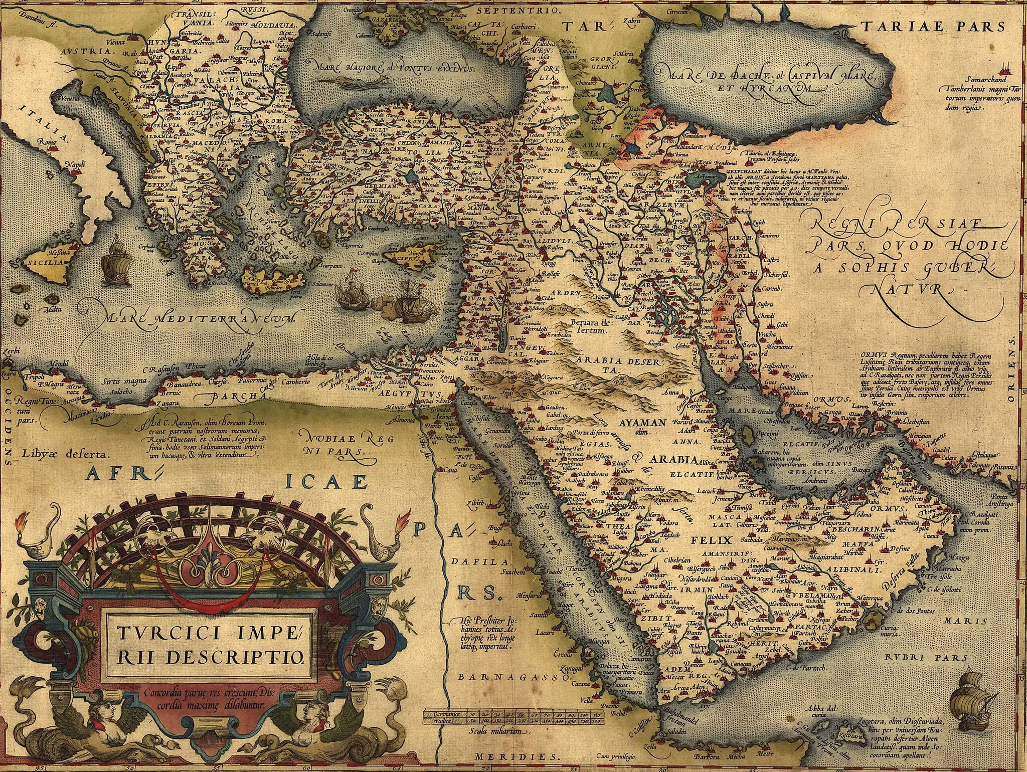 An old map showing the Ottoman Empire in the Mediterranean regions from Hungary, Turkey, Syria, Iraq, Saudi Arabia, across top of Africa from northern Egypt to northern Algeria