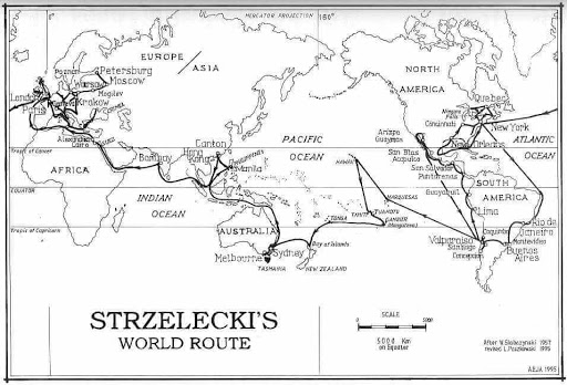 Sketched map of the world showing an around-the-world route, by sea.