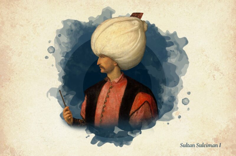 Painted portrait of Sultan Suleiman on a blue background with his head turned off to the left. He is wearing an oversized cream turban on his head, a red shirt and black vest, holdimg a thin rod in his right hand