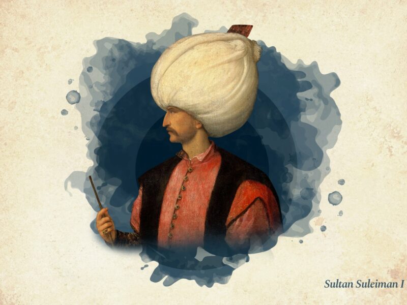 Painted portrait of Sultan Suleiman on a blue background with his head turned off to the left. He is wearing an oversized cream turban on his head, a red shirt and black vest, holdimg a thin rod in his right hand