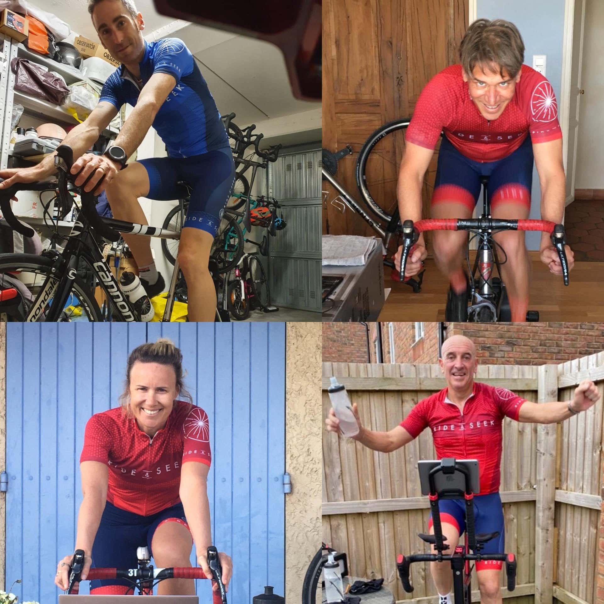 A collage of four photos showing the team riding with zwift.