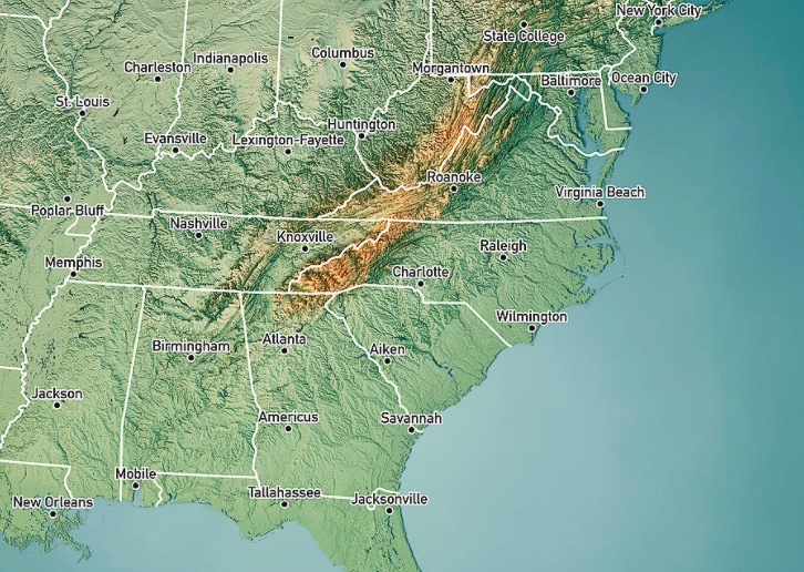 A map of the Eastern USA with the states and major cities marked.