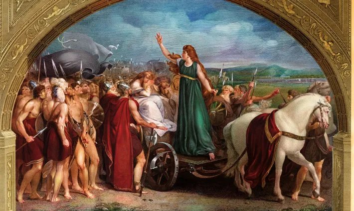A lady standing on a cart drawn by a white horse that has a scarlet red robe draped over it and is being led by a peasant. A multitude of men clad in robes holding spears. The scene is set with a golden archway in the foreground and a rural scene in the background.