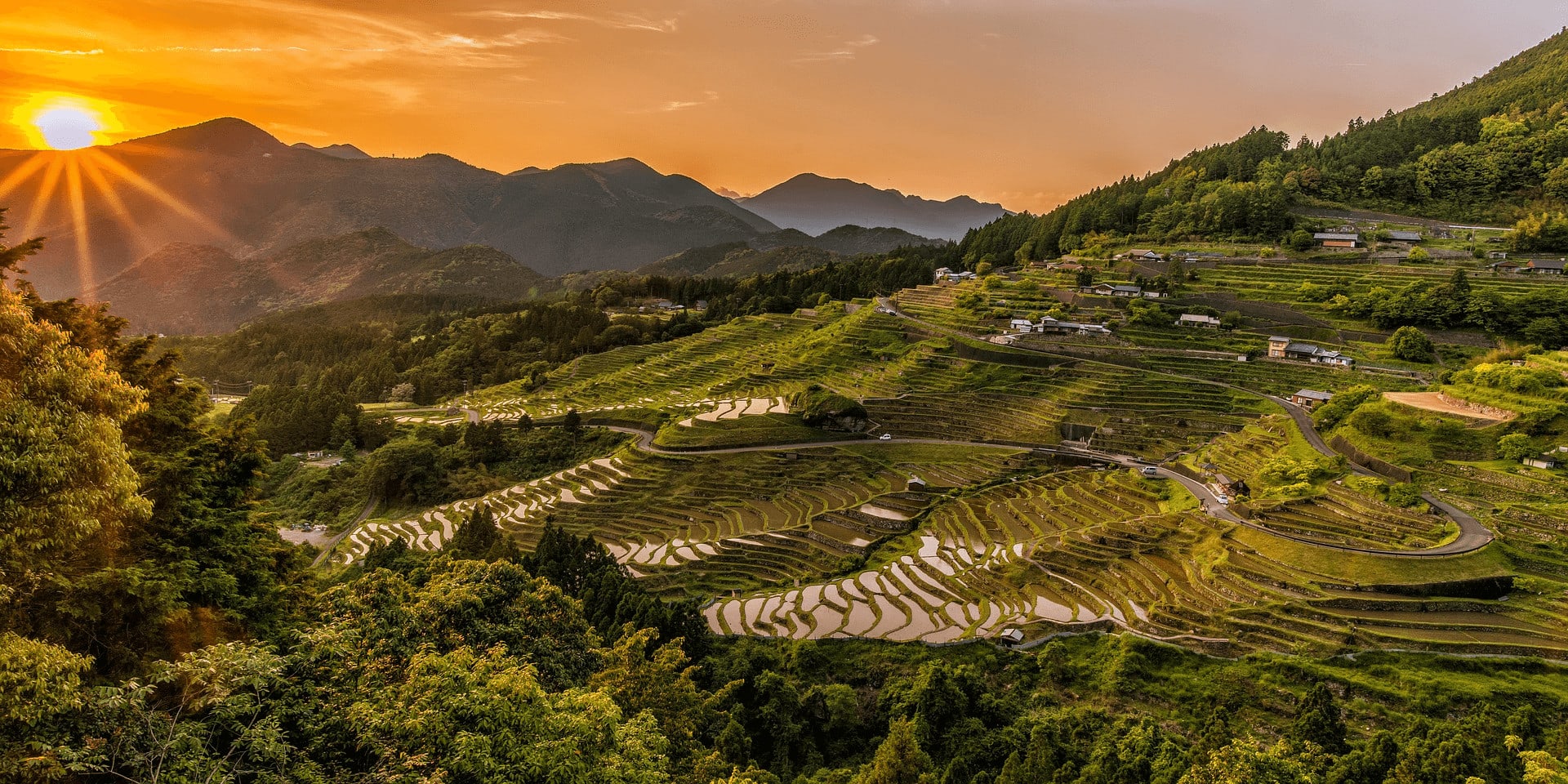 Sunrise over a peaceful valley of lush green, terraced hillsides. Mountains in the background.