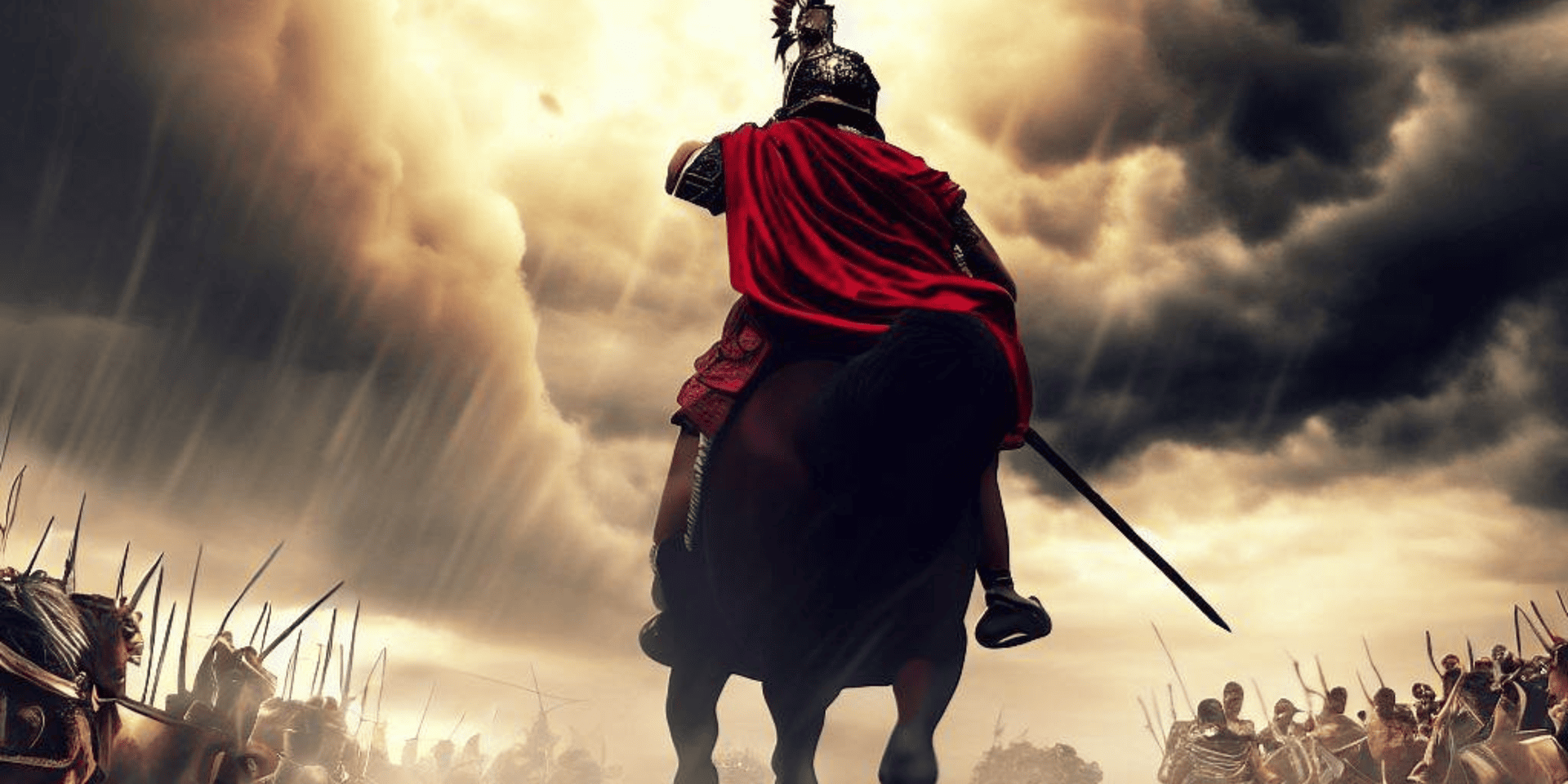 A rider on a dark coloured horse rides away wearing a Roman soldier's helmet, a red cape and carries a long sword ready for battle. The soldier is surrounded at a distance by a multitude of soldiers armed with swords. The thunderous clouds in the sky are lit by a bright light in the centre.