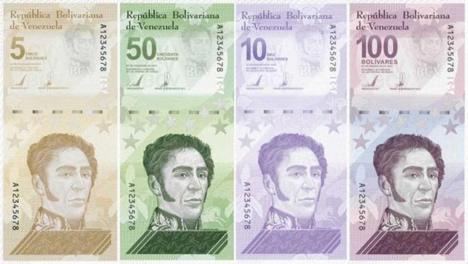 Four currency notes of the values five, fifty, ten and 100. Each note has a head shot of the same man but are of differing colours.