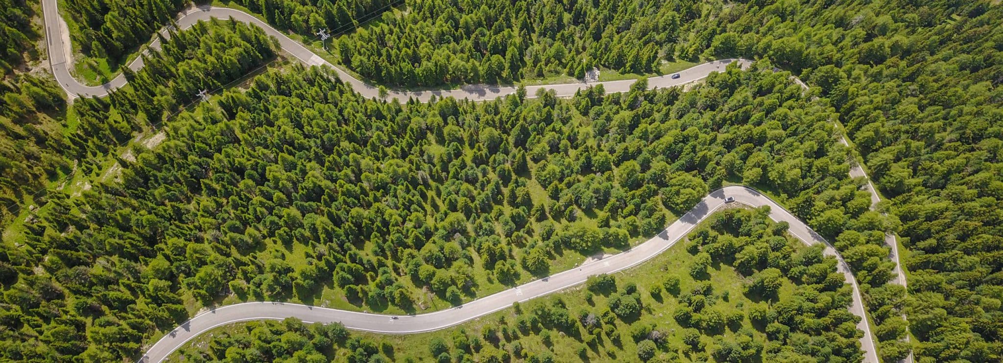 One switchback and two long roads through a wooded area taken from above.