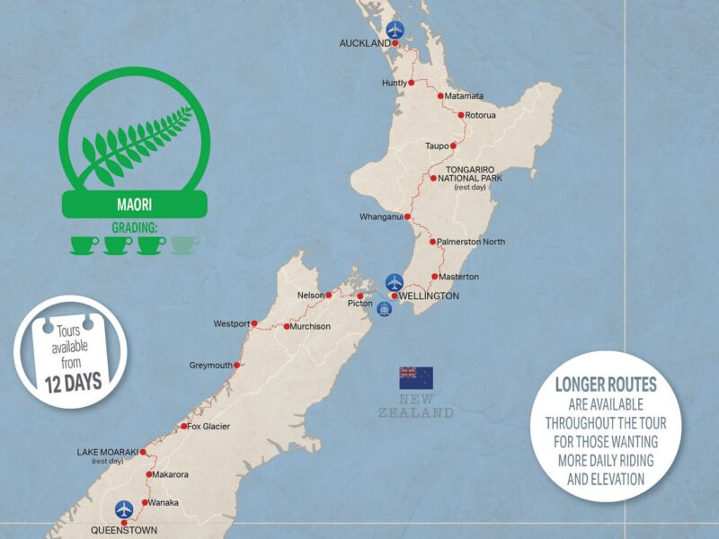 Map of New Zealand and the route of the maori bike tour