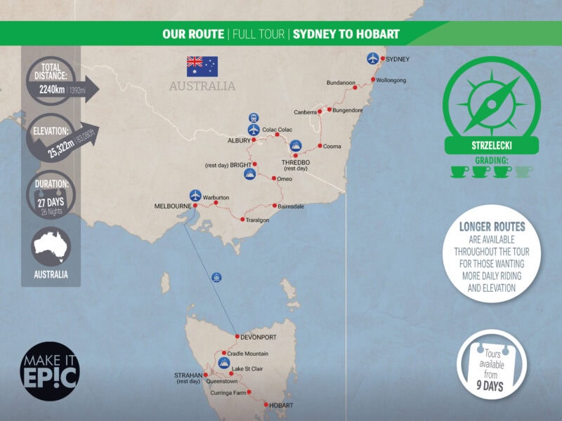 Map of the route of the Strzelecki Tour in Australia