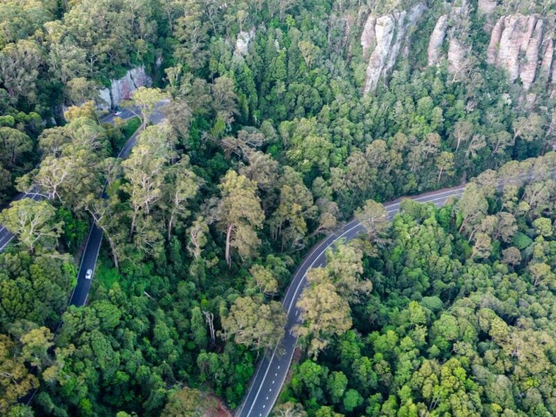 An aerial view of a winding road and switchbacks, cutting through a dense green forest next to a steep, rocky cliff face.