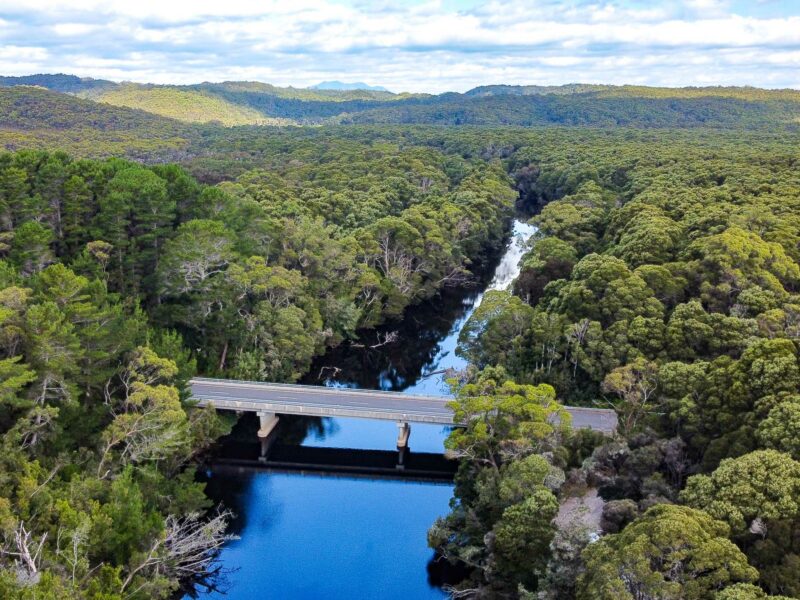 An aerial view of a road bridge crossing a deep blue river that winds through a vast, dense, green forest in Tasmania under a cloudy sky