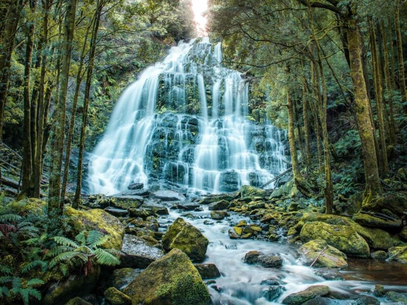 A multi-tiered waterfall cascading down mossy rocks in a dense, green forest. The photo has a blurred filter on the water
