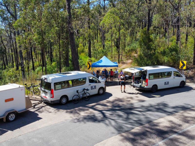 Overhead photo of the support vans parked at a forested rest stop with the tour group enjoying their picnic under a blue shade shelter