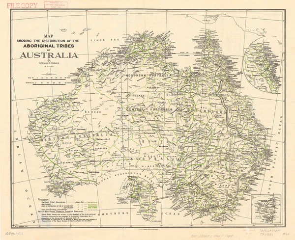 A hand drawn map of Australia, showing the boundaries of each of the various Aboriginal groups.