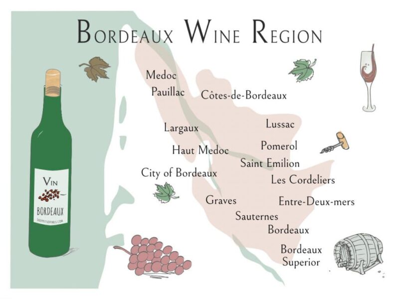 text on a map indicating the locations of wine regions in Bordeaux. A large illustration of a wine bottle is on the left side of the map.