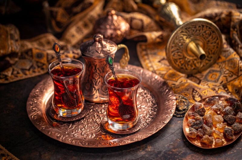 Traditional Moroccan tea set on a silver tray.