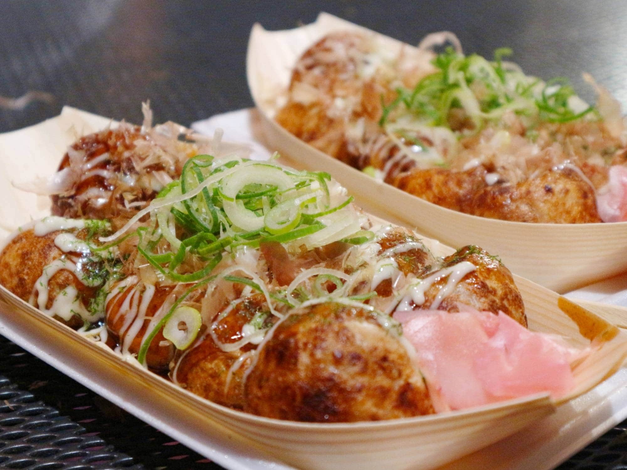Samurai Takoyaki Octopus Balls Oksaka Plates of Japanese Street food, takoyaki octopus balls.