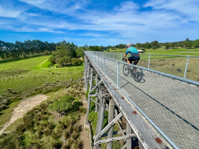 Cyclist riding across a tall wooden old railway bridge renovated for rail trail pedestrians and cyclists, over open farmland and green fields under a sunny sky.