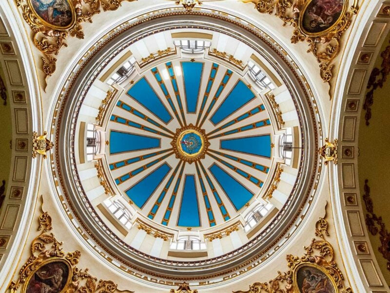 Ornate golden interior dome of the Basilica of Our Lady of the Rosary in Chiquinquirá, Colombia.