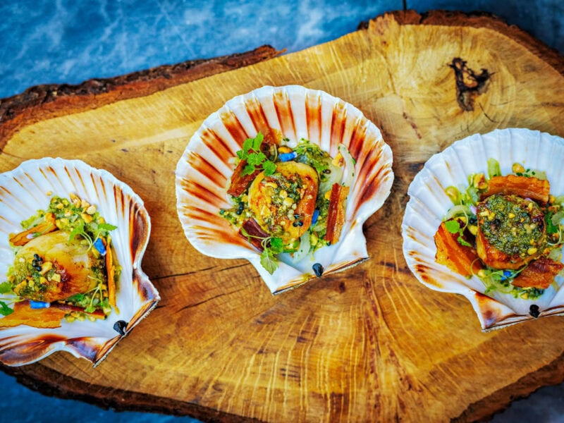 Fresh scallops served in shells with herbs and garnish, placed on a rustic wooden board.