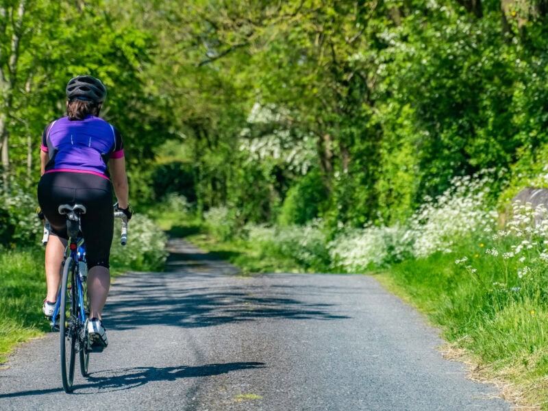 Cyclist riding on a narrow countryside road shaded by tall green trees, with wildflowers along the roadside.