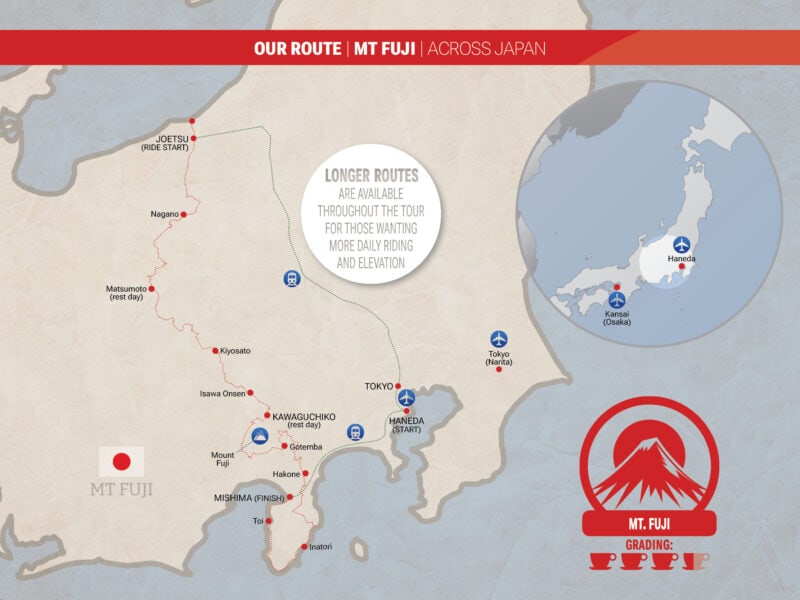 Map with the cycling route for the Mt Fuji Tour