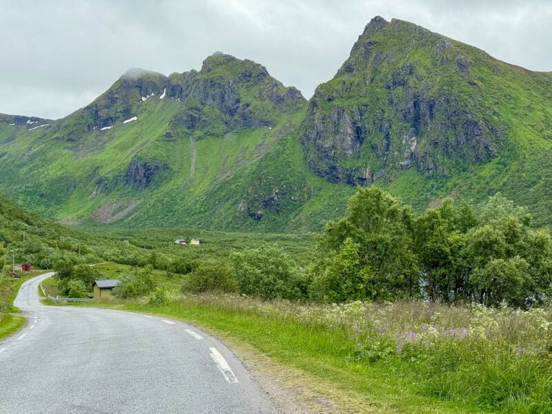 Empty winding road leading past isolated houses into dramatic green mountains under a cloudy sky.