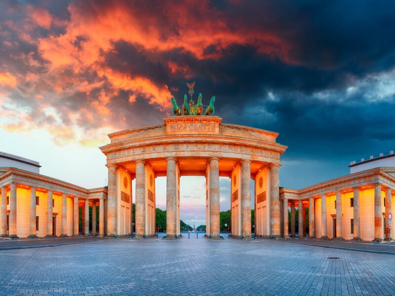 Sunset behind the Brandenburg Gate in Berlin