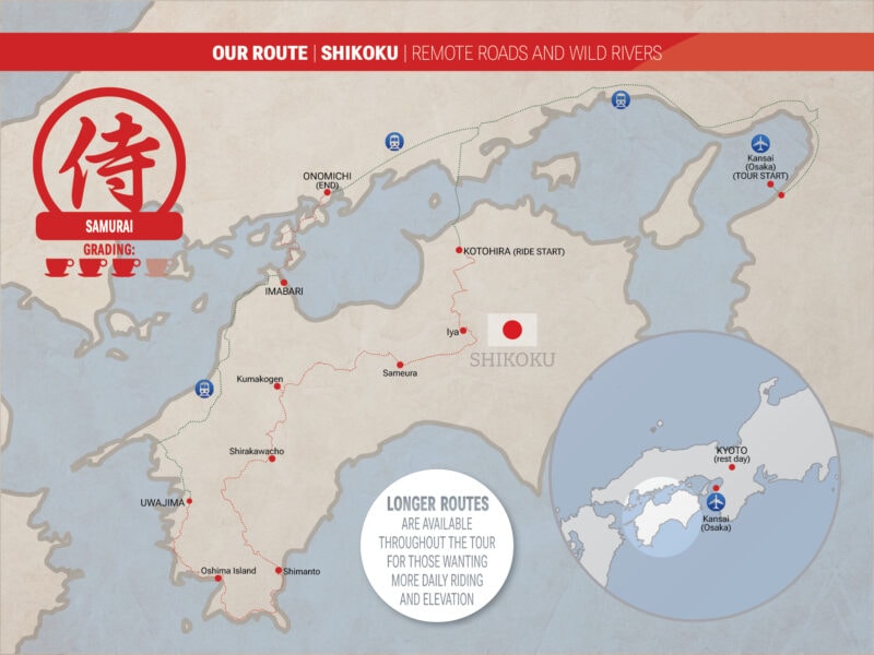 Map showing the cycling route of the Shikoku Island tour