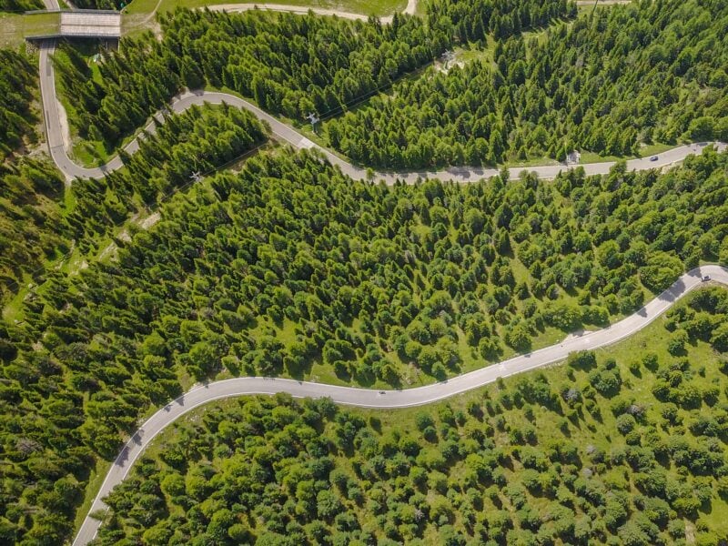 Aerial view of winding mountain road through forest