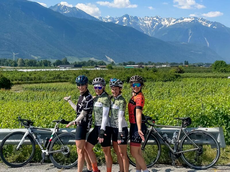 Four cyclists in vineyard with snowy mountain backdrop