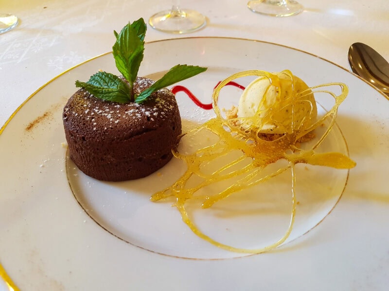 Chocolate dessert with ice cream and caramel