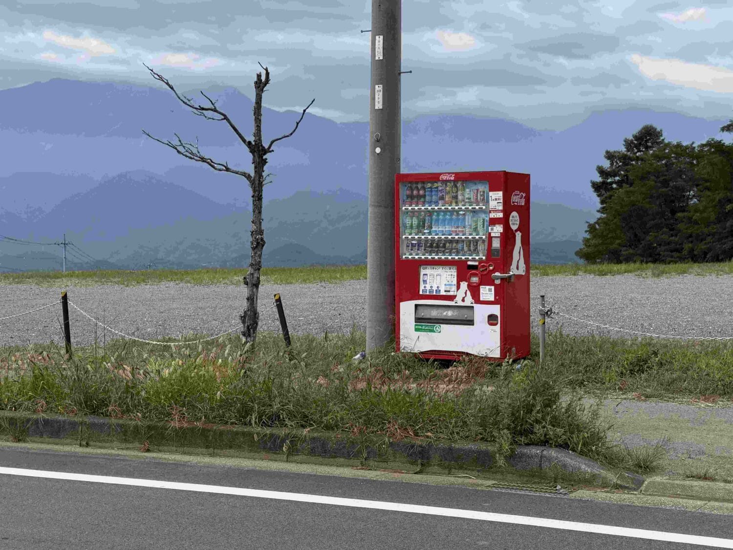 A red drink vending machine standing along a roadside stop set against a backdrop of distant mountains.