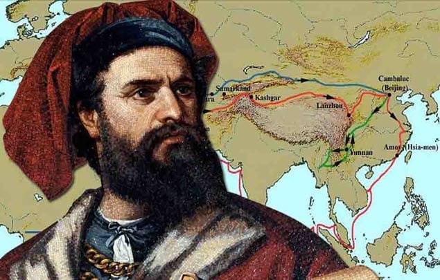 a historical-style illustration showing a bearded medieval traveler overlaid on a map of Asia, with routes across Central and East Asia marked in different colours. The map includes places such as Kashgar, Lanzhou, Cambaluc (Beijing), Yunnan and Amoy (Xiamen).